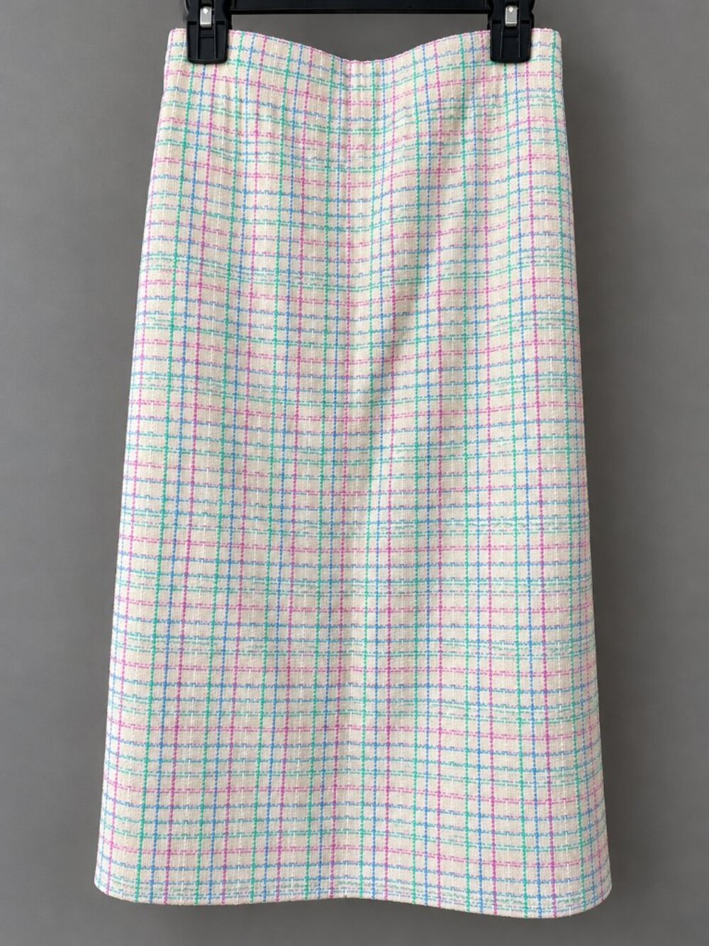 St John Collection Womens 12 Pastel Plaid Tweed Pencil Skirt Cream Pink Aqua